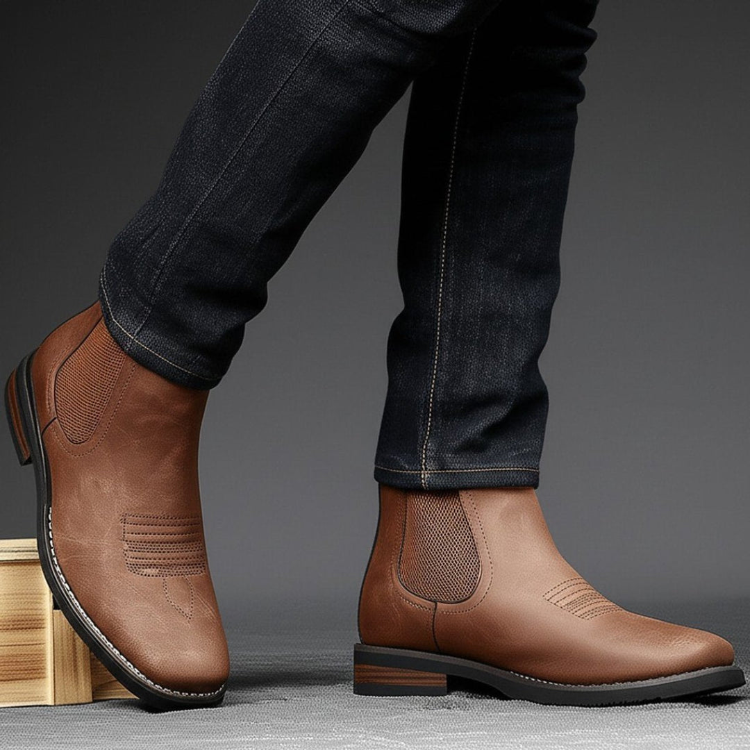 Men's brown Chelsea ankle boots with elastic side panels and low heels