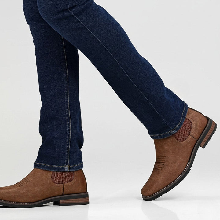 Men's brown Chelsea ankle boots with elastic side panels and low heels