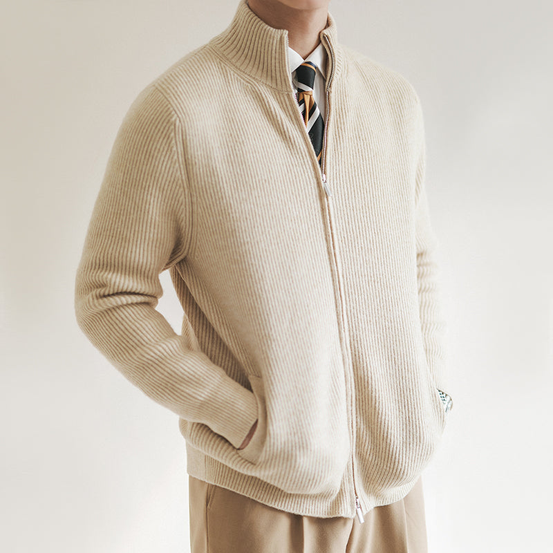 Men's ribbed knit jumper with full zip and mock neck