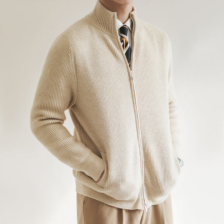 Men's ribbed knit jumper with full zip and mock neck