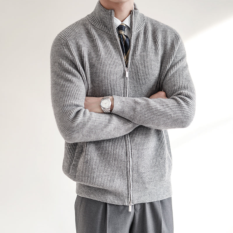 Men's ribbed knit jumper with full zip and mock neck