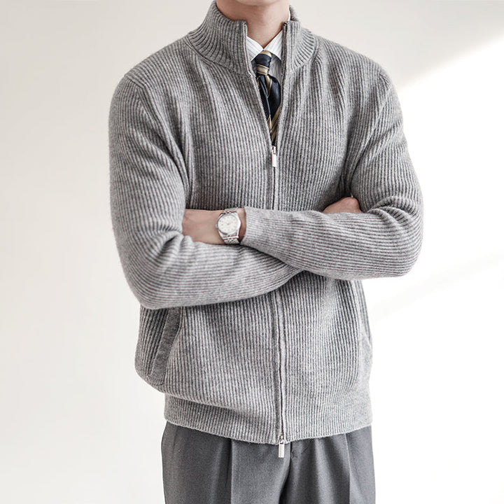 Men's ribbed knit jumper with full zip and mock neck