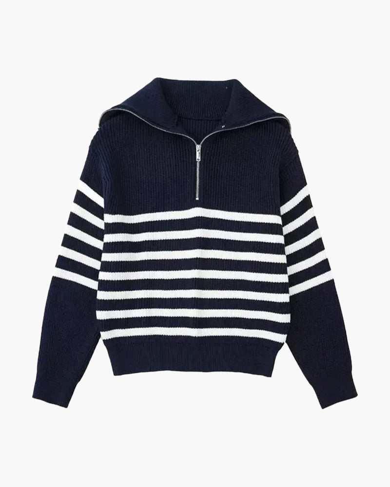 Striped ribbed jumper with mock neck and half-zip fastening