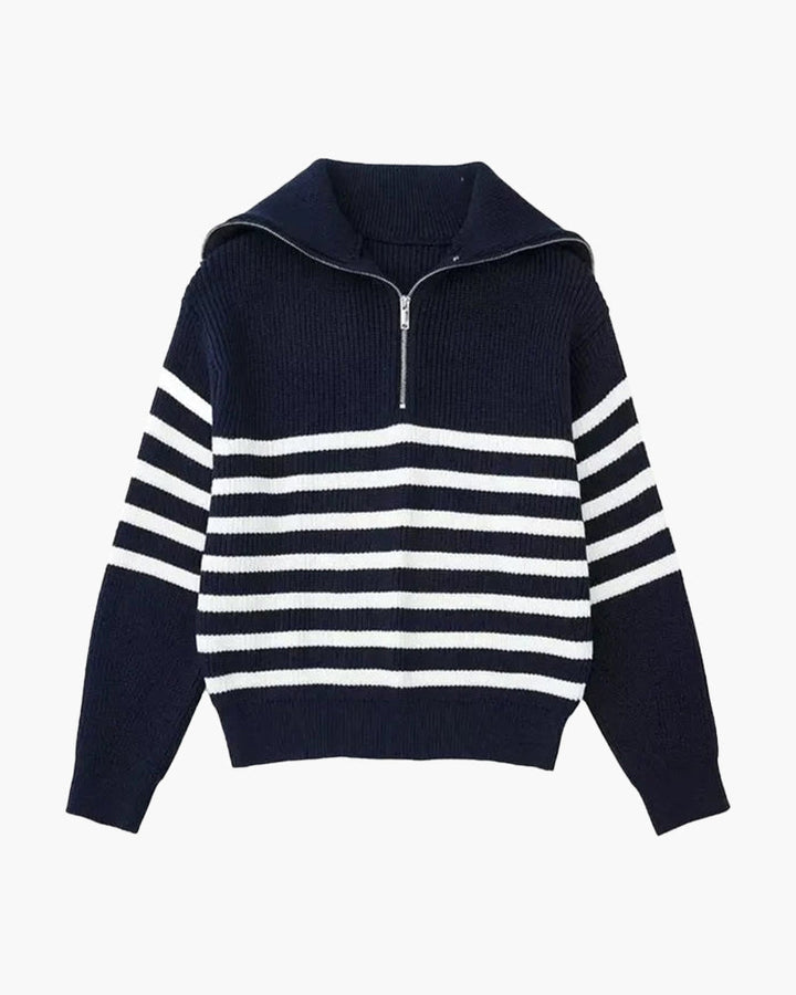 Striped ribbed jumper with mock neck and half-zip fastening
