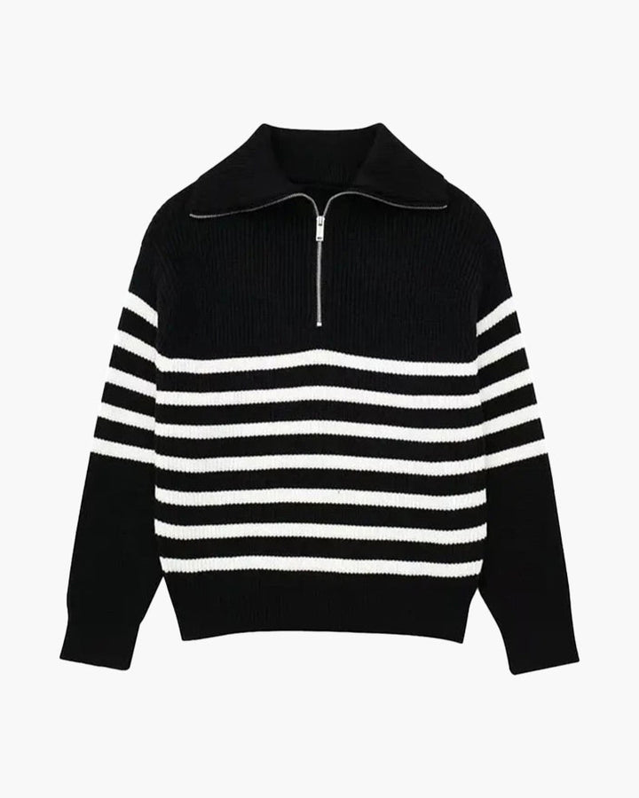 Striped ribbed jumper with mock neck and half-zip fastening