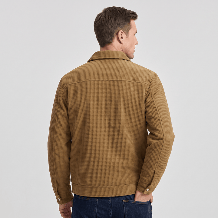 Men's quilted corduroy jacket with shirt collar, snap front and chest pockets