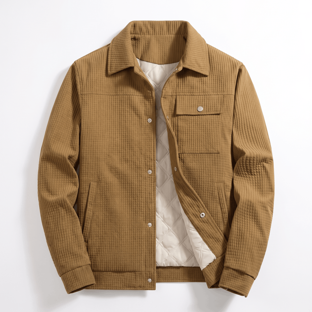 Men's quilted corduroy jacket with shirt collar, snap front and chest pockets