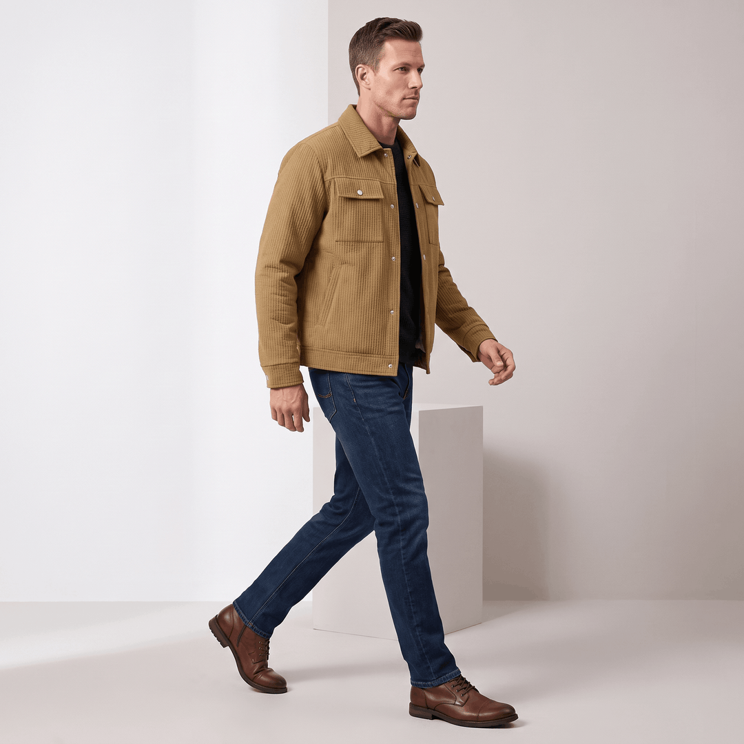 Men's quilted corduroy jacket with shirt collar, snap front and chest pockets
