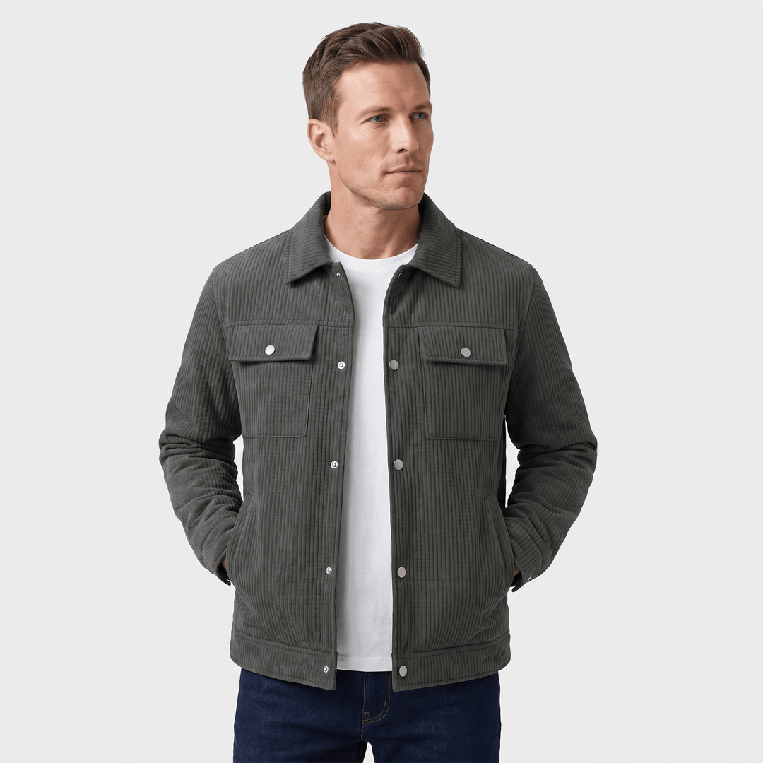 Men's quilted corduroy jacket with shirt collar, snap front and chest pockets
