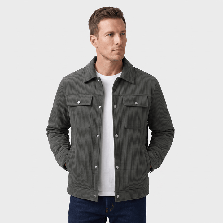 Men's quilted corduroy jacket with shirt collar, snap front and chest pockets