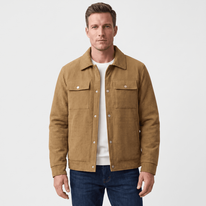 Men's quilted corduroy jacket with shirt collar, snap front and chest pockets