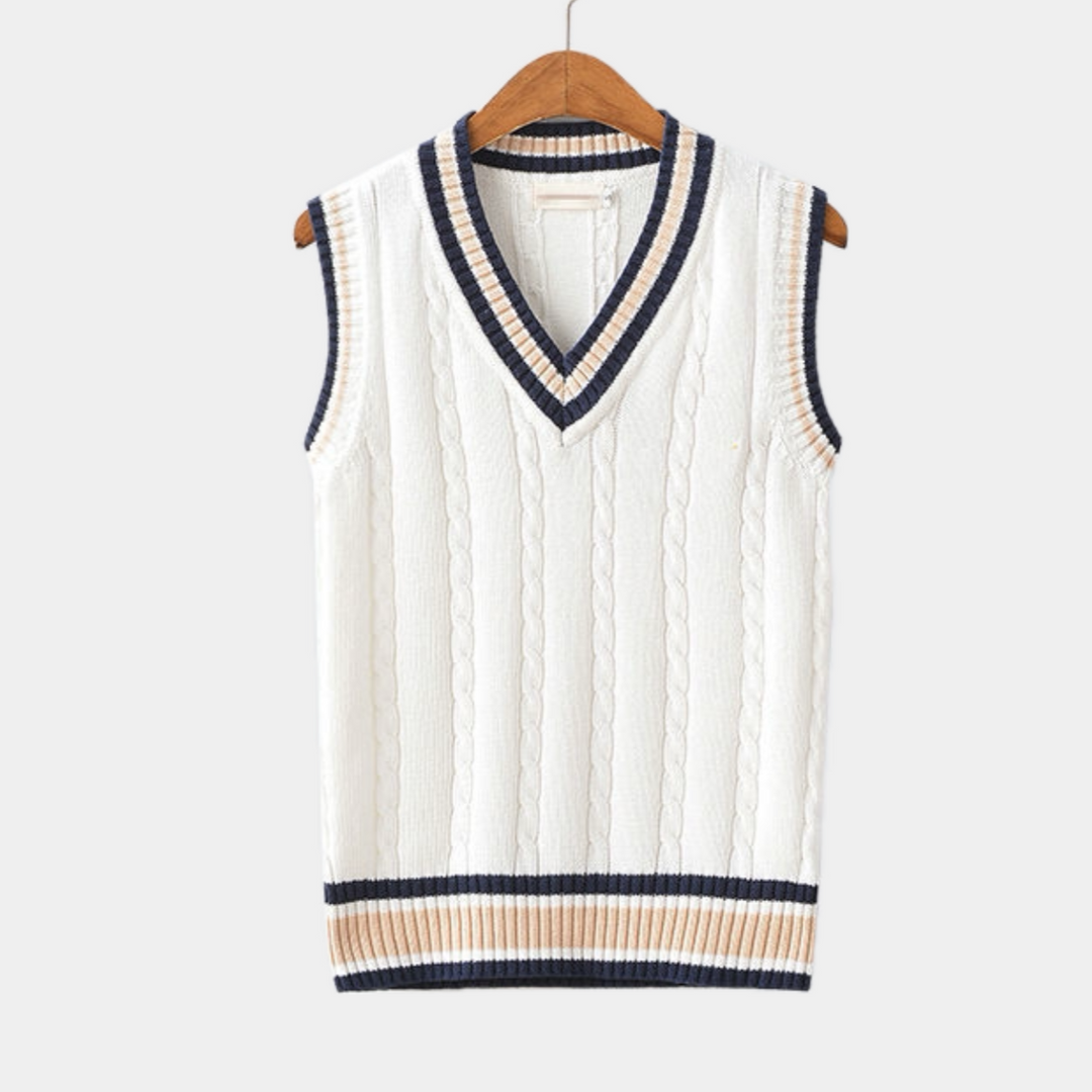 Cable knit sleeveless sweater vest with V-neck trim