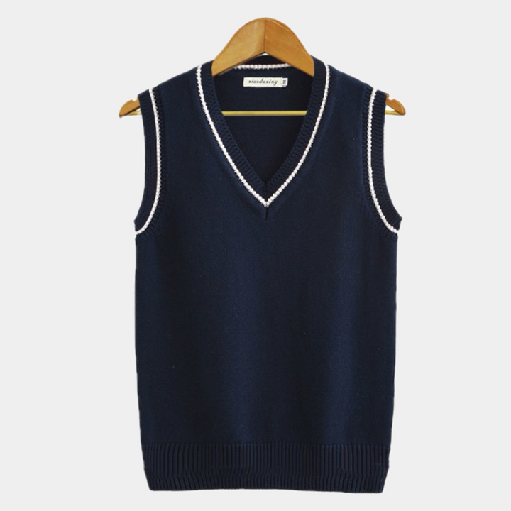 Cable knit sleeveless sweater vest with V-neck trim