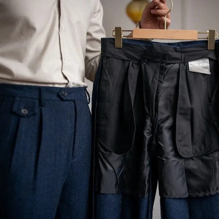 Men's pleated straight leg trousers with turn-up ankle hems