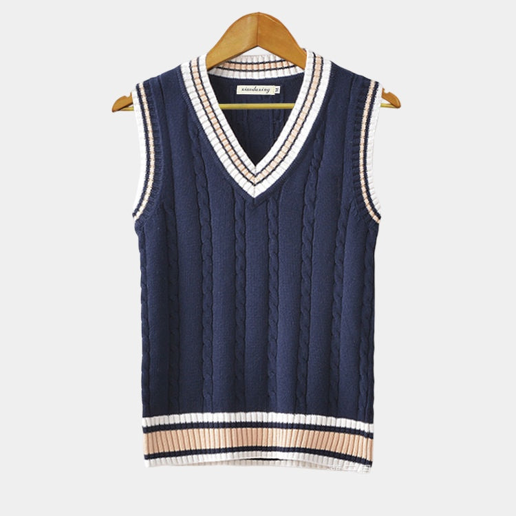 Cable knit sleeveless sweater vest with V-neck trim