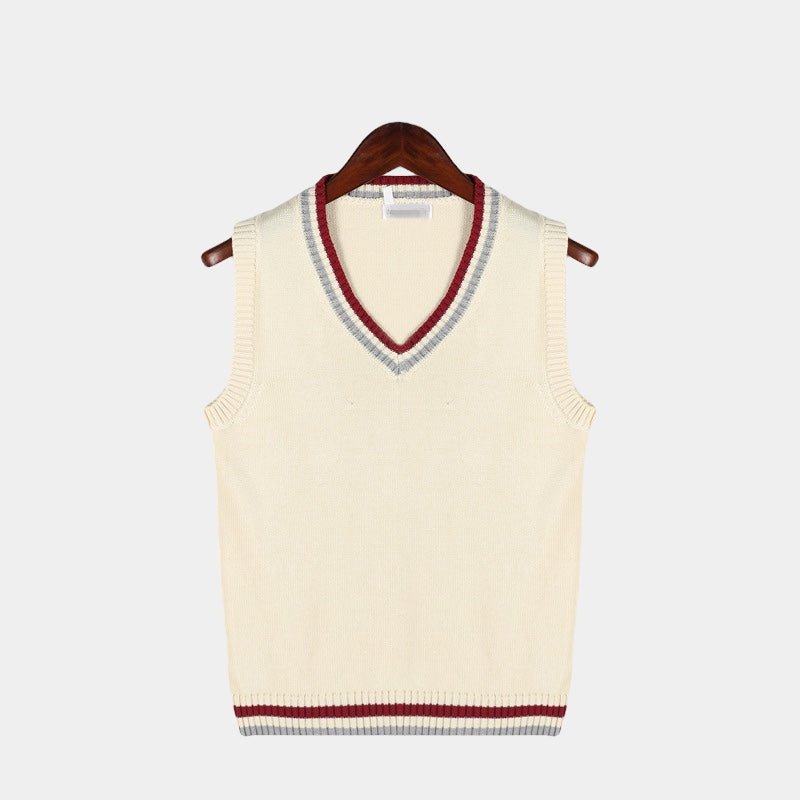 Cable knit sleeveless sweater vest with V-neck trim