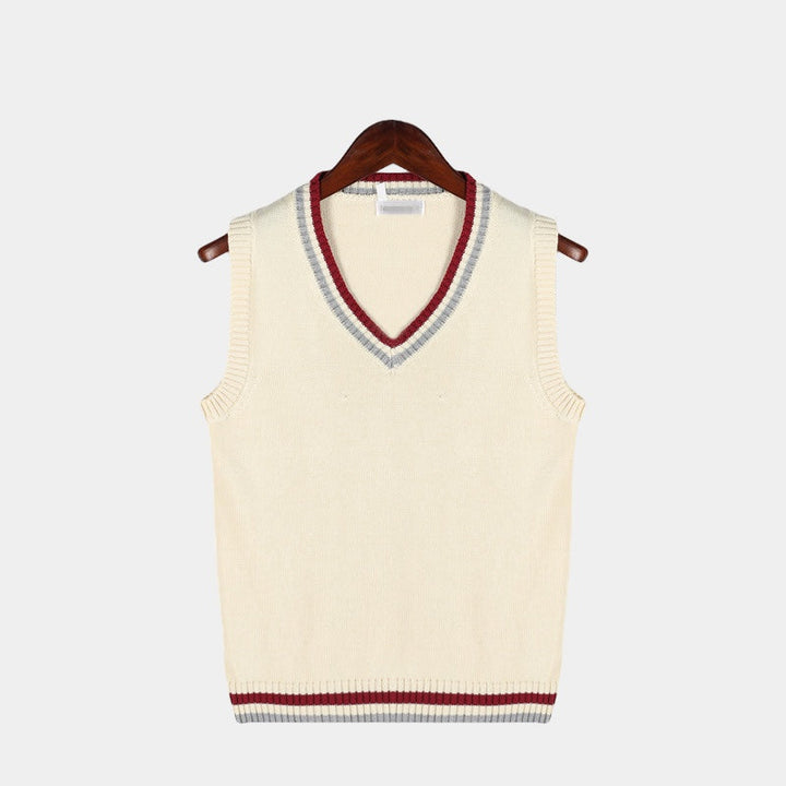 Cable knit sleeveless sweater vest with V-neck trim
