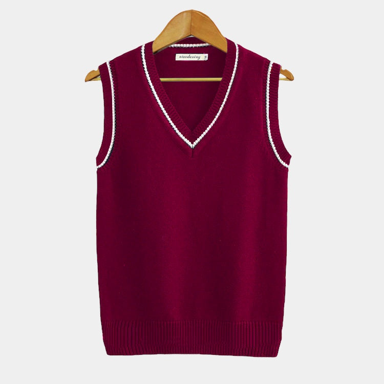 Cable knit sleeveless sweater vest with V-neck trim