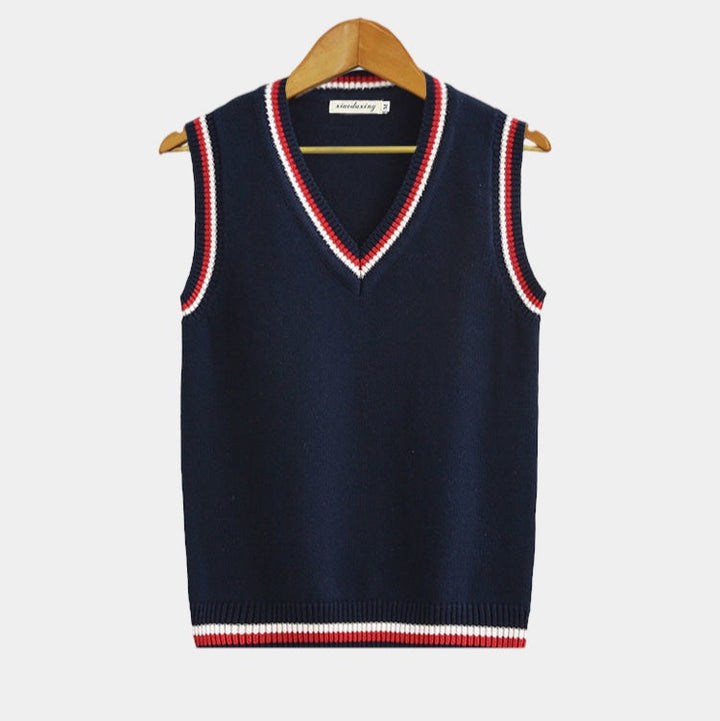 Cable knit sleeveless sweater vest with V-neck trim