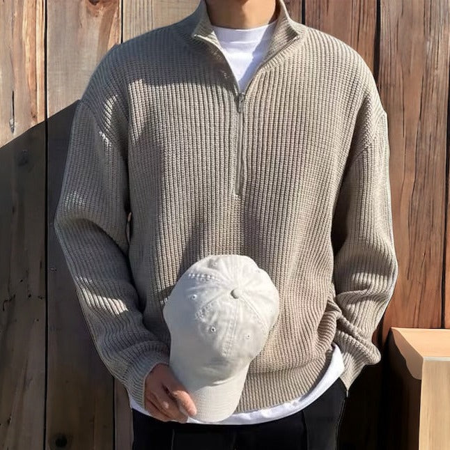 Men's ribbed half-zip sweater with mock neck and long sleeves