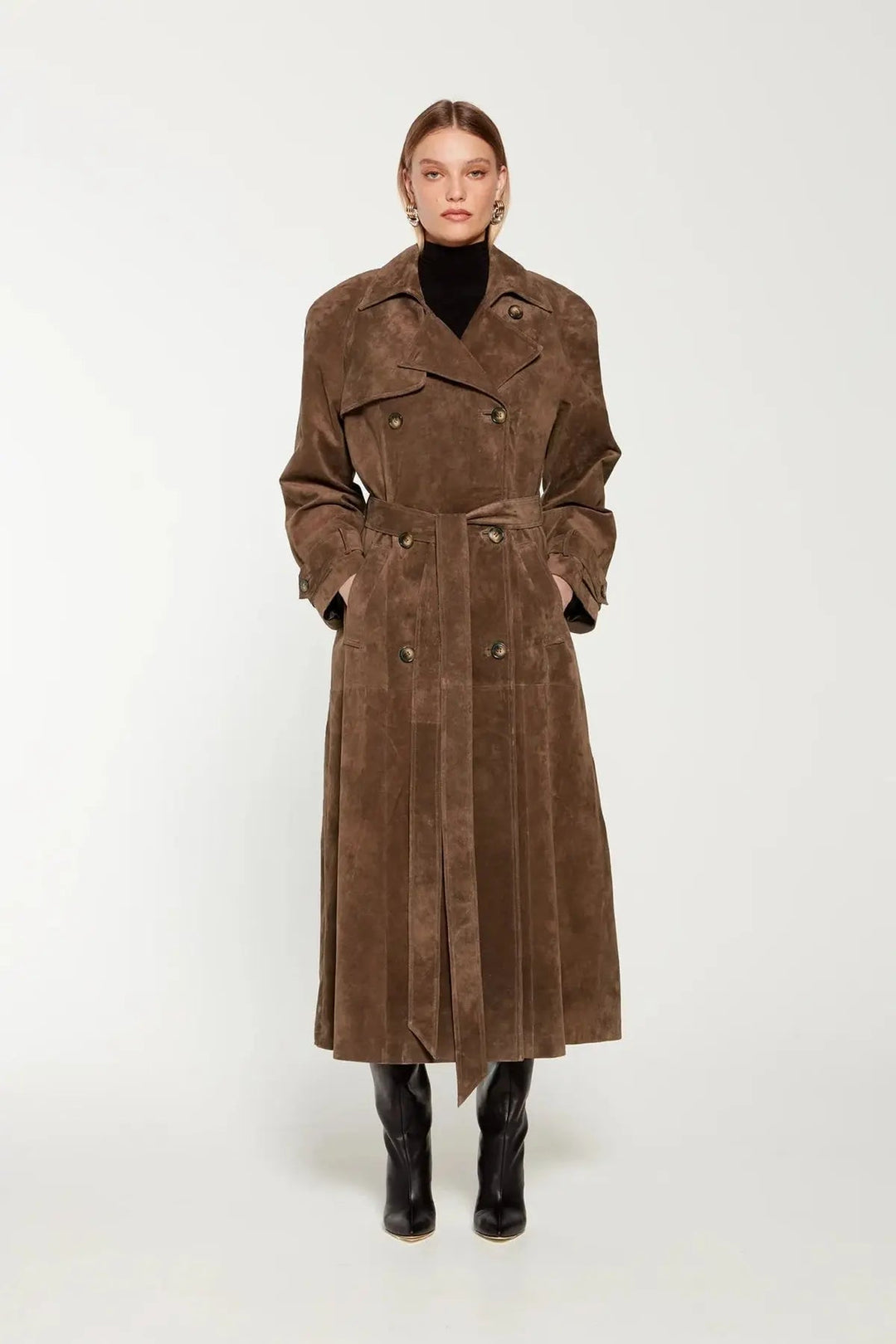 Women's brown full-length trench coat with contrast lapels and waist belt