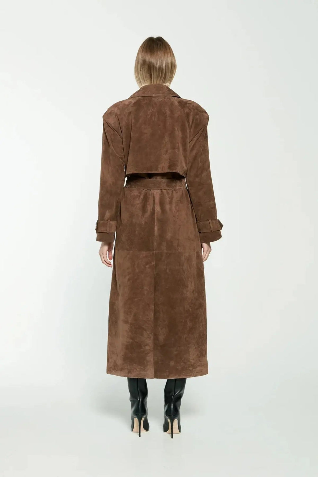 Women's brown full-length trench coat with contrast lapels and waist belt