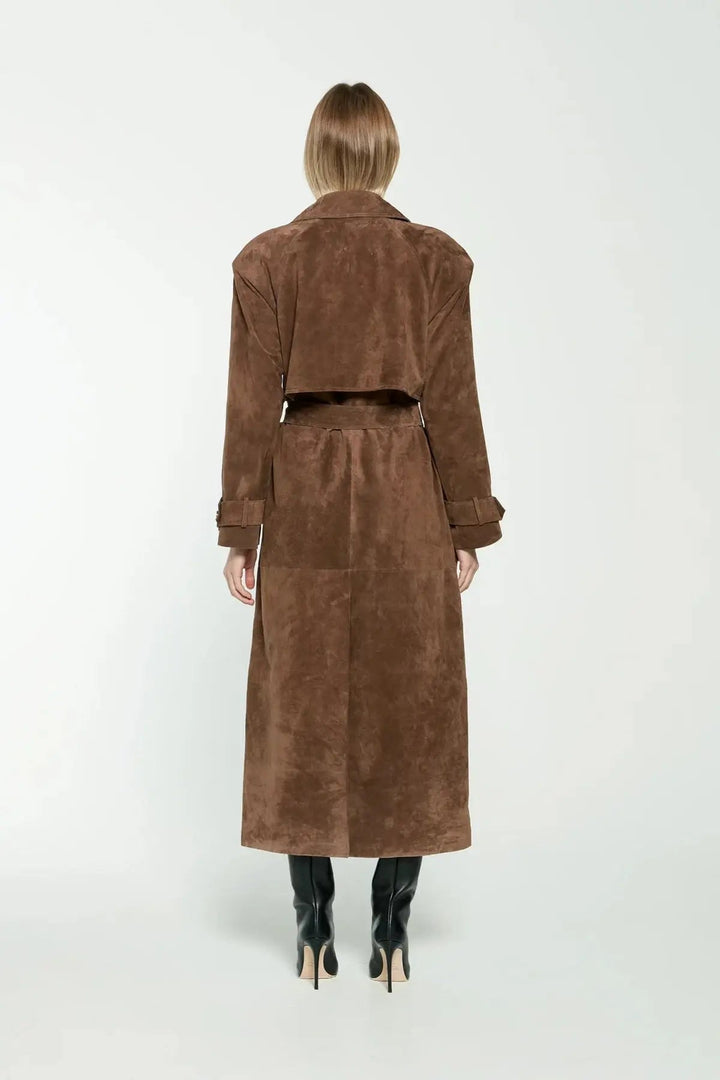 Women's brown full-length trench coat with contrast lapels and waist belt