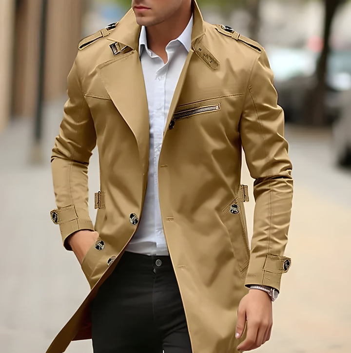 Men's structured trench coat with stand collar, button front and zip pockets