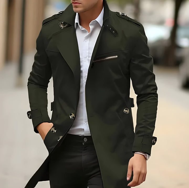 Men's structured trench coat with stand collar, button front and zip pockets