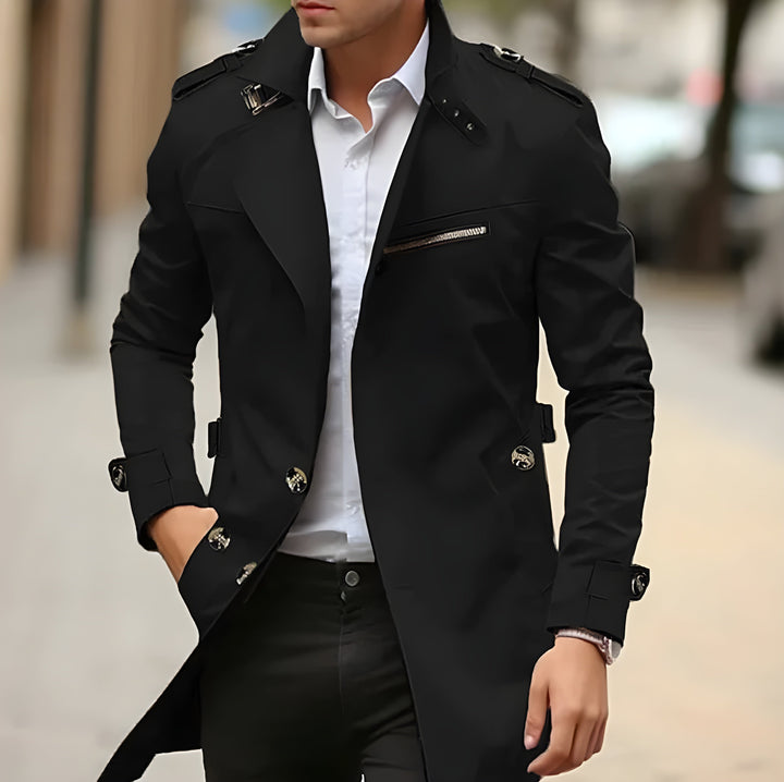 Men's structured trench coat with stand collar, button front and zip pockets