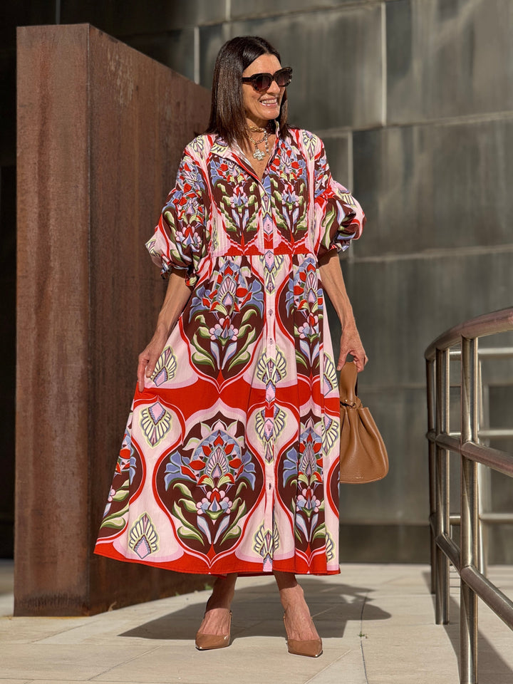 Women's Red Floral Print Dress — Flowing Silhouette Summer Dress