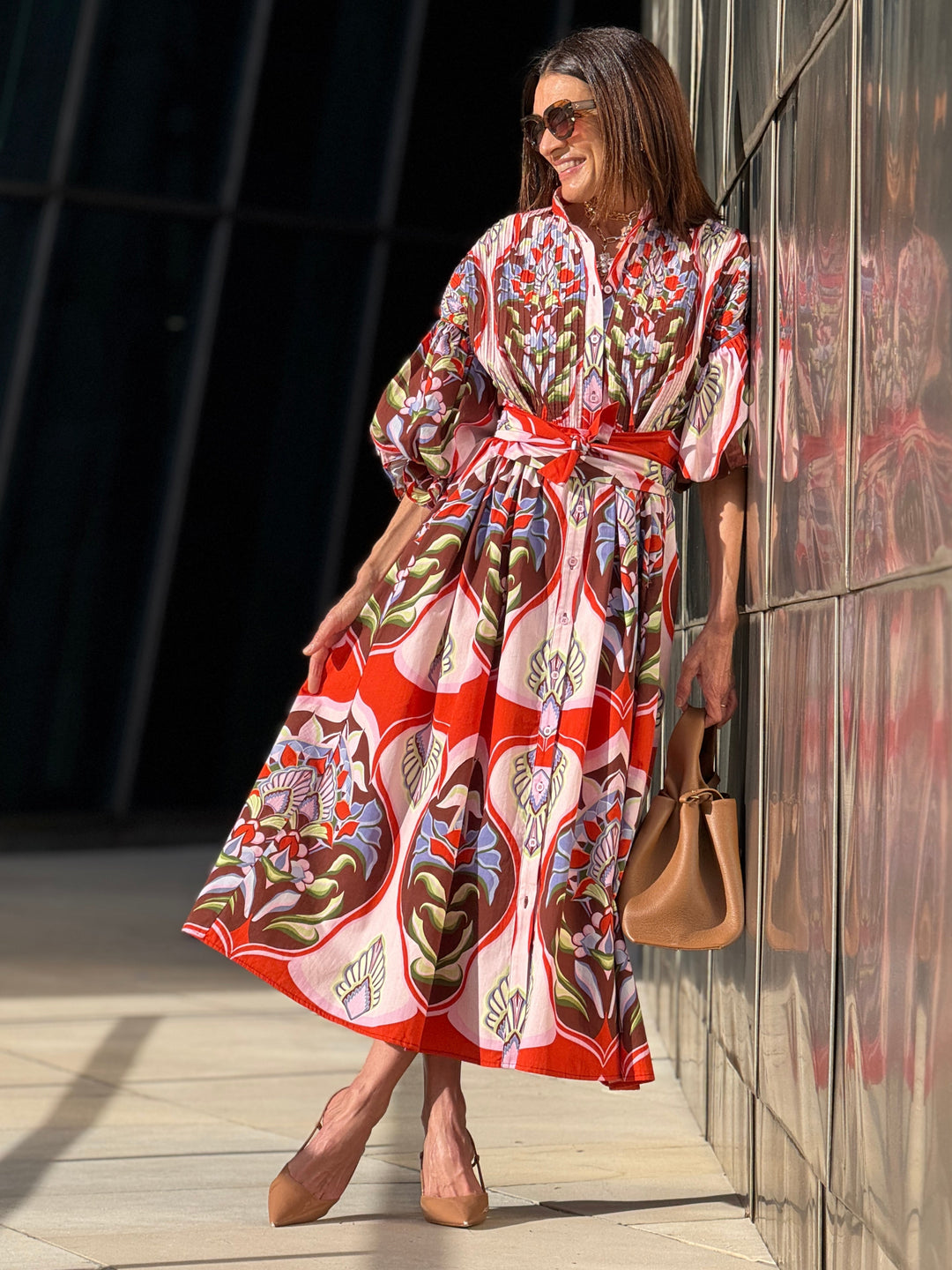 Women's Red Floral Print Dress — Flowing Silhouette Summer Dress