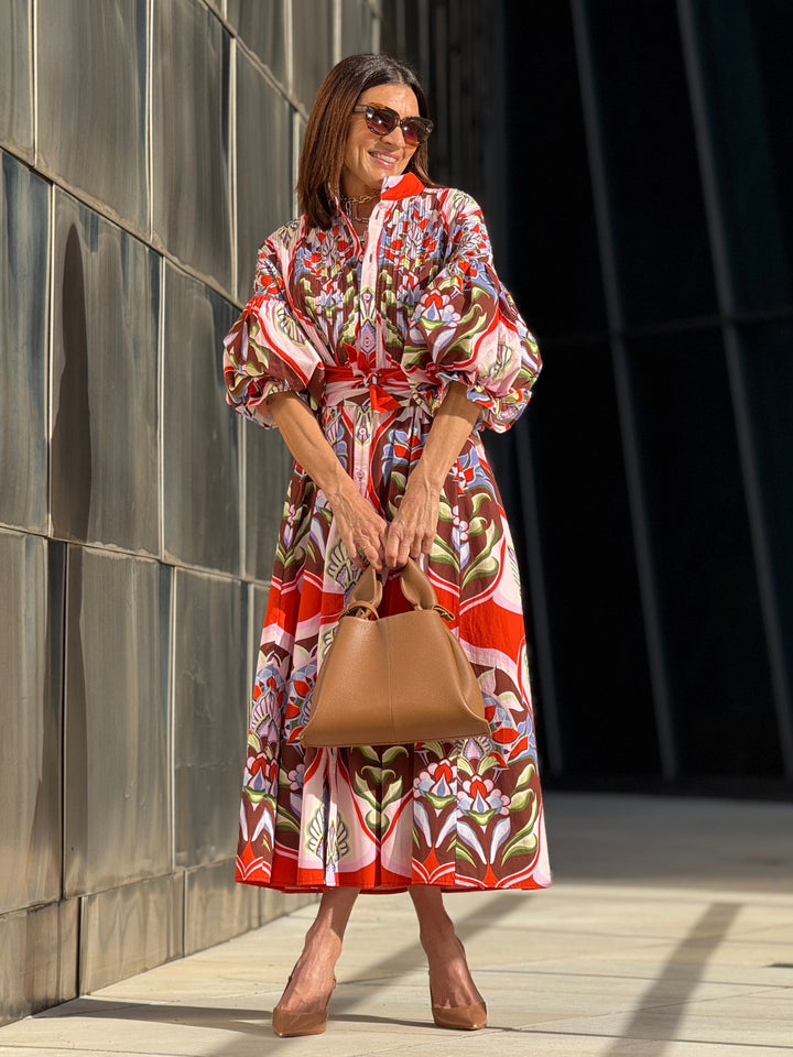 Women's Red Floral Print Dress — Flowing Silhouette Summer Dress