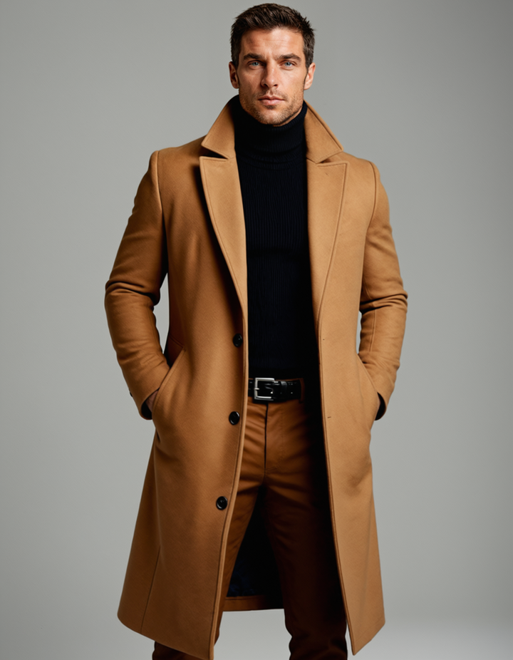 Men's long single-breasted overcoat with notched lapels and button front