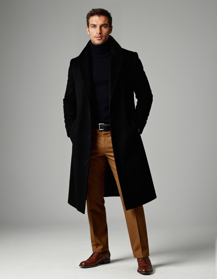 Men's long single-breasted overcoat with notched lapels and button front