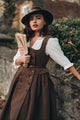 Women's brown herringbone pinafore midi dress with buttons and belt