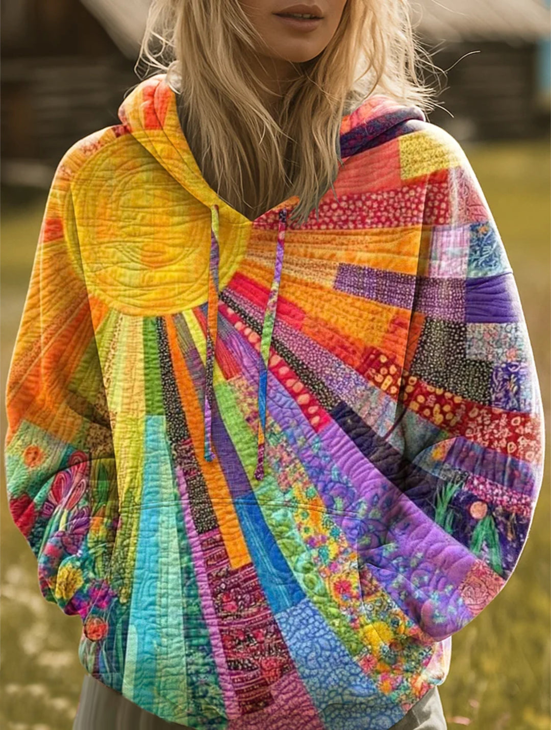 Women's multicolor sunburst patchwork hoodie