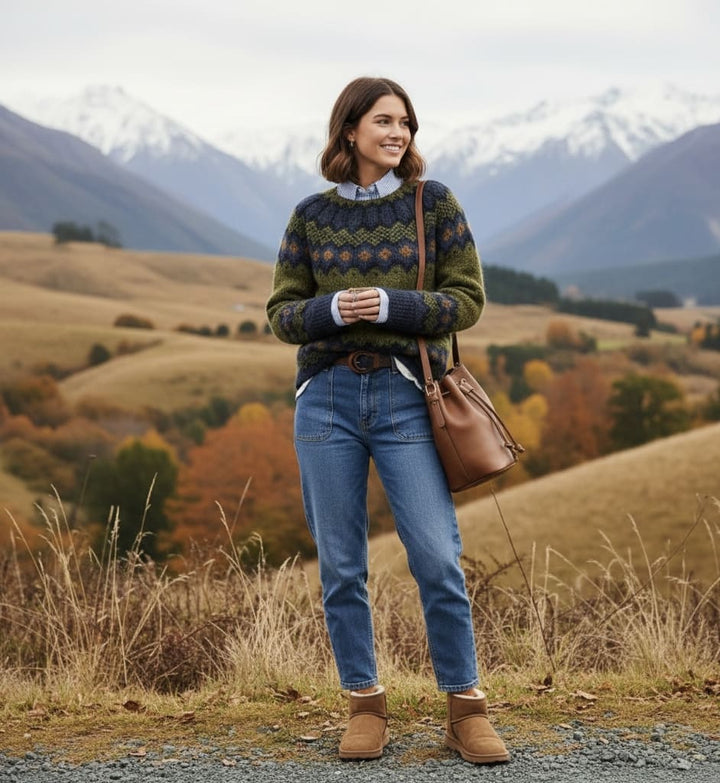 Green Nordic pattern jumper with crew neck and long sleeves