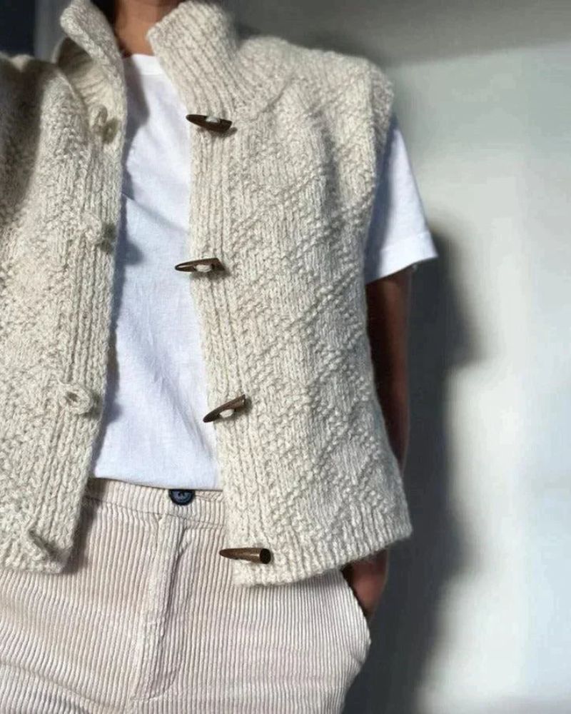 Women's cream sleeveless textured knit cardigan vest