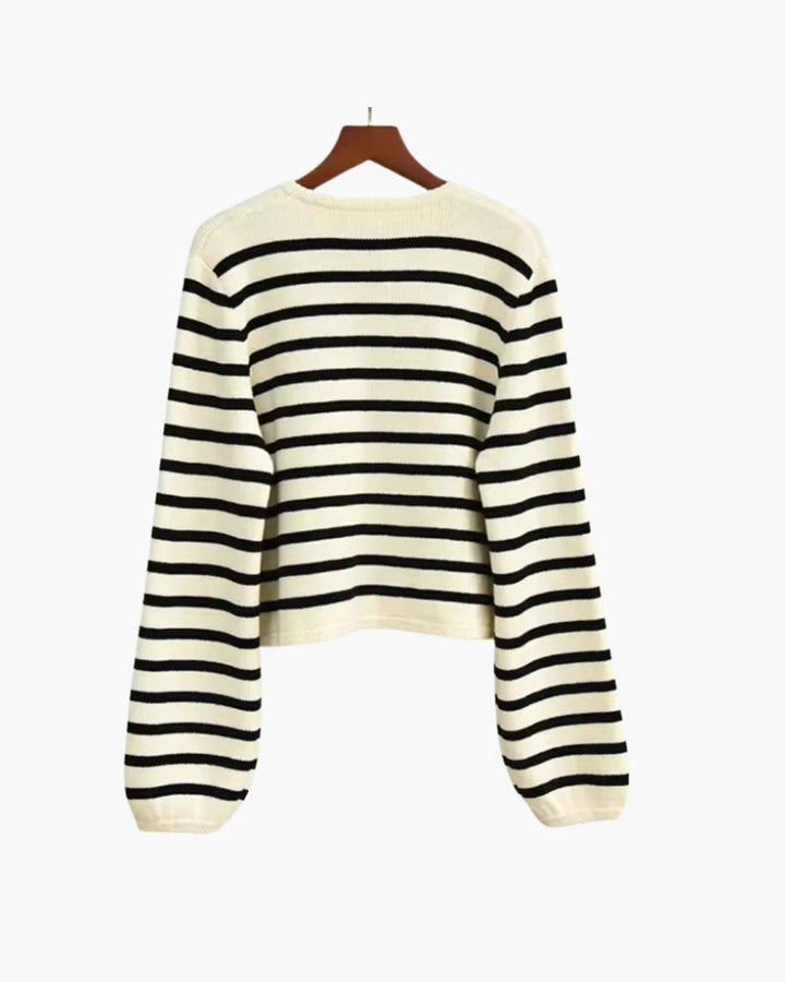 Women's black and cream striped cropped cardigan with buttons and front pockets