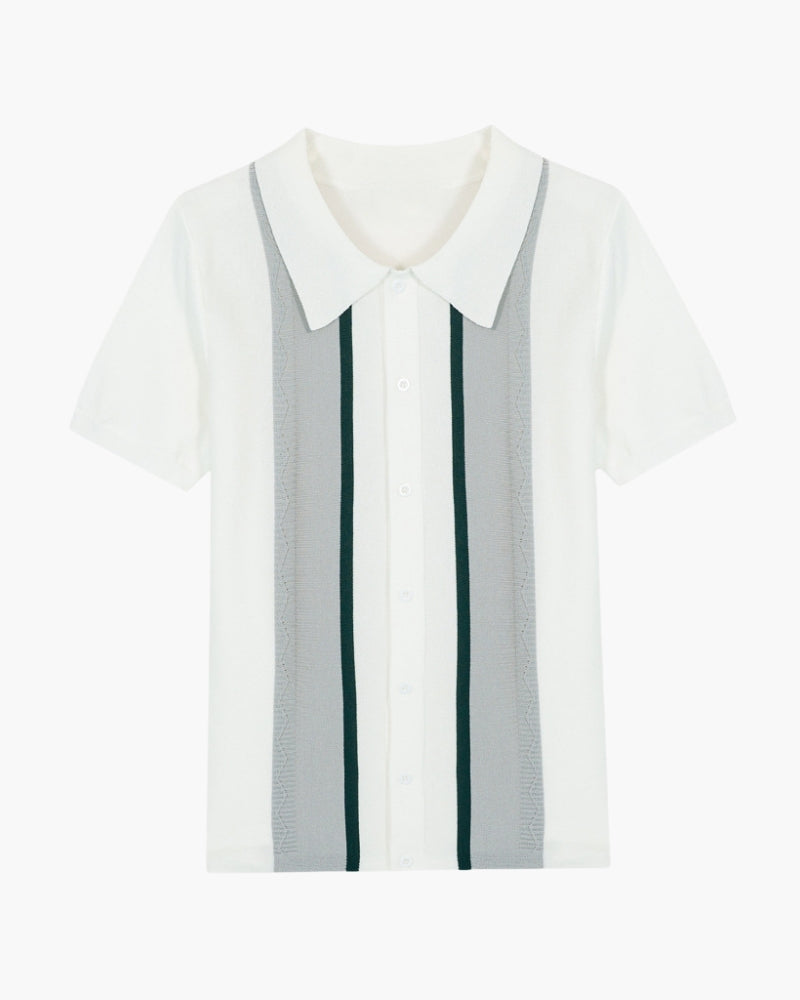 Men's white striped knit polo shirt with short sleeves