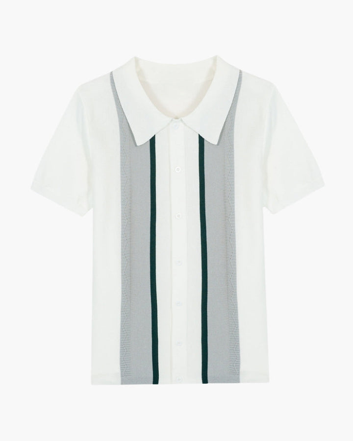 Men's white striped knit polo shirt with short sleeves
