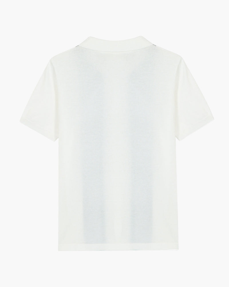 Men's white striped knit polo shirt with short sleeves