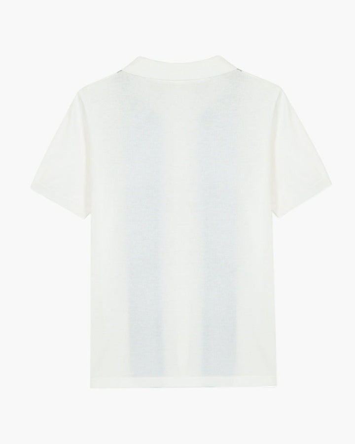 Men's white striped knit polo shirt with short sleeves