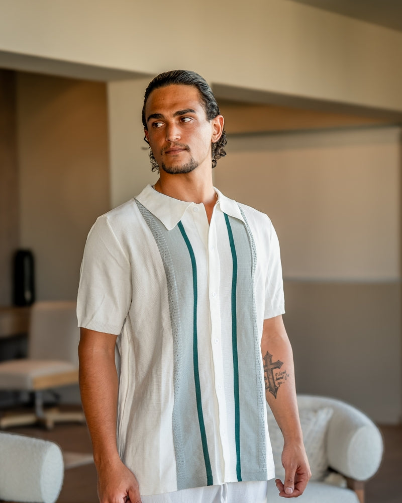 Men's white striped knit polo shirt with short sleeves