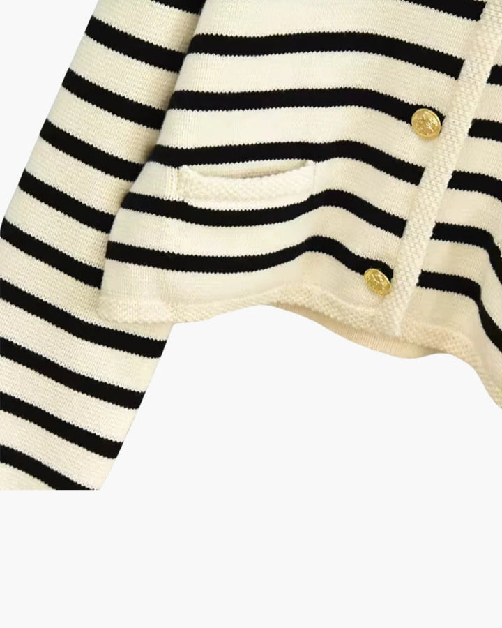 Women's black and cream striped cropped cardigan with buttons and front pockets