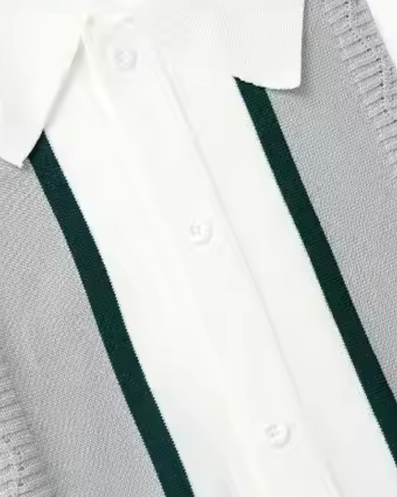 Men's white striped knit polo shirt with short sleeves