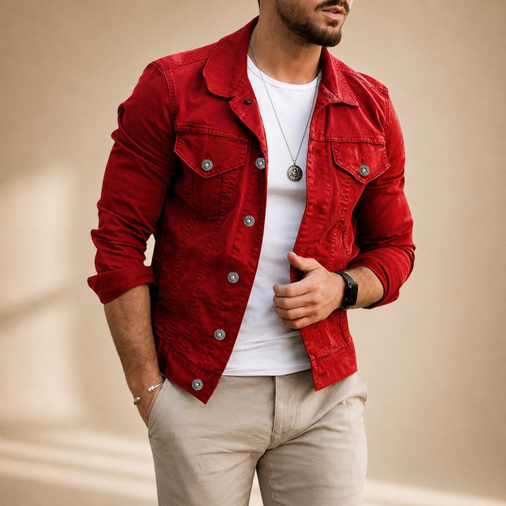 Men's jean-style jacket with shirt collar, button front and utility pockets