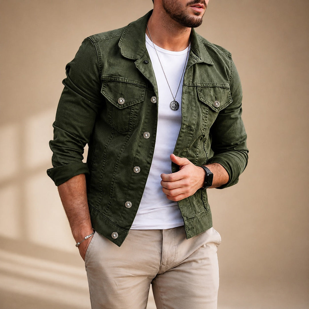 Men's jean-style jacket with shirt collar, button front and utility pockets