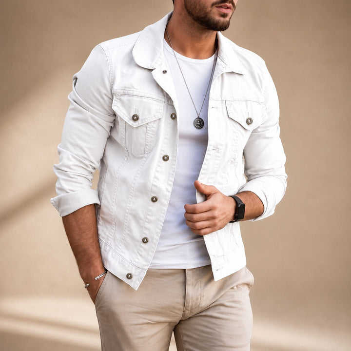 Men's jean-style jacket with shirt collar, button front and utility pockets